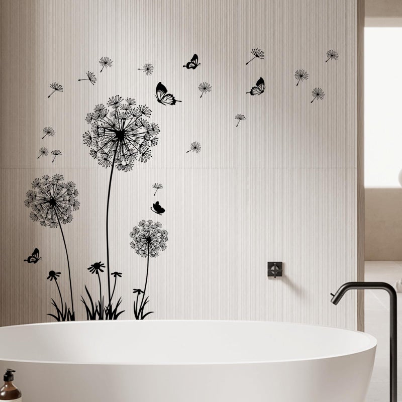 Supzone 2 Sheets Dandelion Wildflower Wall Decals Art, Wall Art Stickers Peel and Stick Floral Butterflies Flying Decor for Girls Kids Women Baby Nursery Living Room Bedroom Bathroom Hallway Stairwell(Black) - Image 4